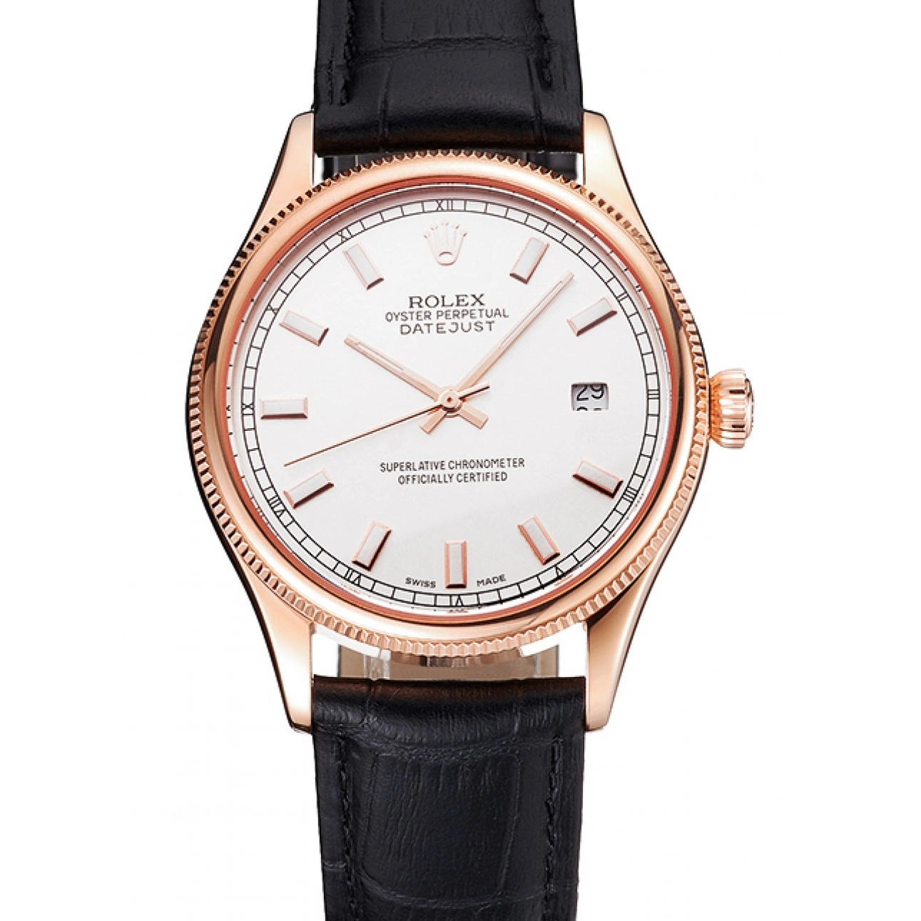 Aaa fake watches Strap Leather Datejust White Case Black Gold Rose Swiss Dial Rolex 0705